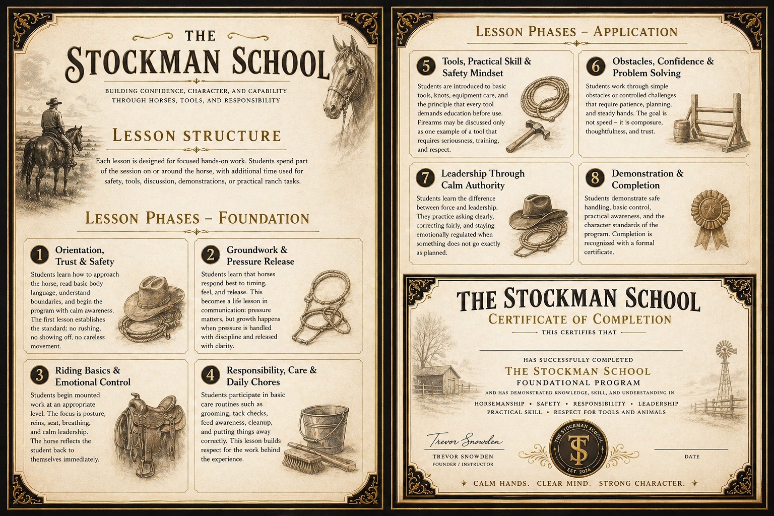Original illustrated Stockman School eight-lesson plan and Certificate of Completion